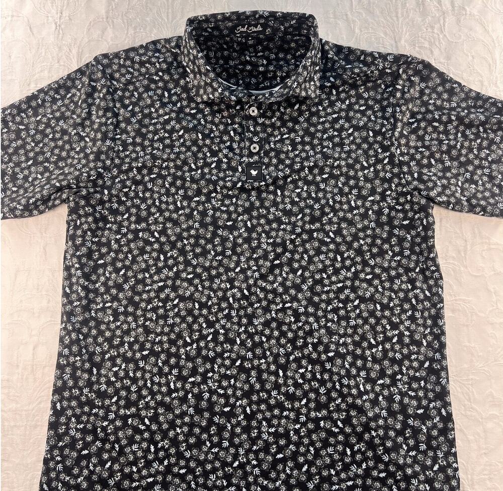 Bad Birdie Black Floral Print Golf Polo Preppy Stretch M